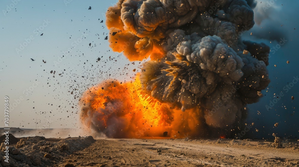 photo of the explosion happened at the battle ground in the middle east - obrazy, fototapety, plakaty 