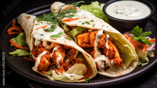 A plate of buffalo cauliflower wraps with ranch dressing