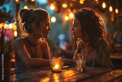 Two lesbian women on a date in a cafe photo