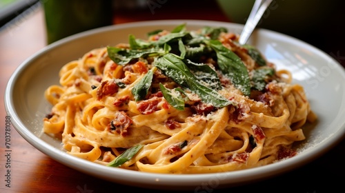 A bowl of creamy sun-dried tomato and basil pasta with Parmesan cheese