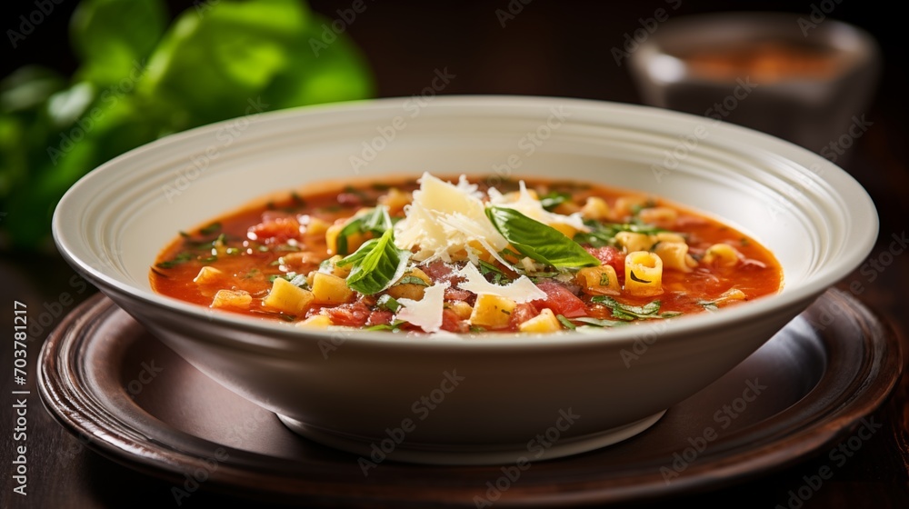 A bowl of classic minestrone soup with parmesan cheese and basil