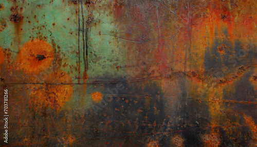 Steampunk style surface, rusty and worn metal with red, green, black and orange tones and visible welds