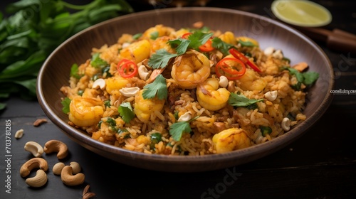 A bowl of spicy Thai pineapple fried rice with cashews and cilantro