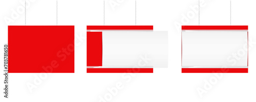 Hanging supermarket promotion banner display board. Vector mock-up. Ceiling blank sign holder for retail store mockup. Template for design