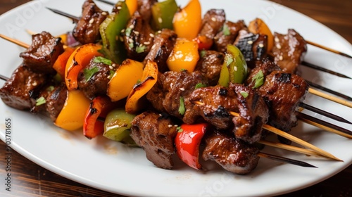 A plate of teriyaki glazed beef skewers with bell peppers and onions