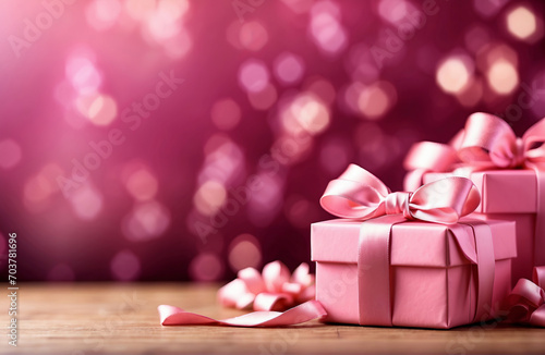 pink gift box with ribbon with pink bokeh background, valentine's day design with copy space