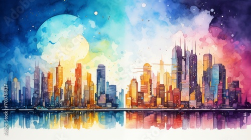 Generative AI Vibrant cityscapes with futuristic skylines. aquarelle