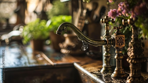 Generative AI Vintage-style bronze kitchen faucet, rustic charm, detailed knobs, atmospheric water droplets, intricate linework