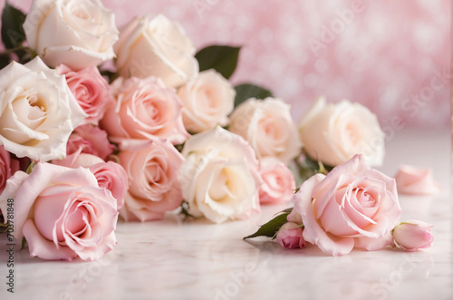 white pink roses on a white marble table for valentine s day or wedding design