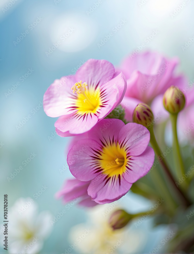close up of beautiful purple primrose flower with spring blue bokeh background close up of beautiful purple primrose flower with spring blue bokeh background
