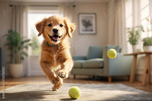 golden retriever puppy playing with ball in a living room
