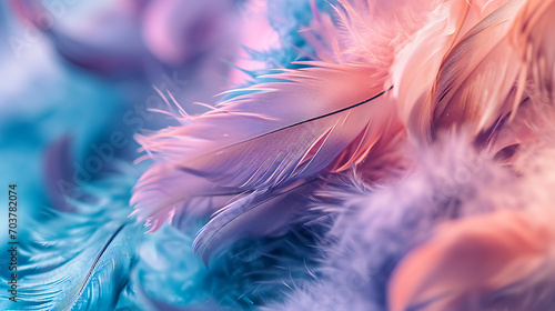 Delicate feather patterns in soft hues of pink, violet, and blue, creating a whimsical and ethereal background with a touch of delicacy. photo