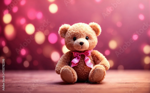 teddy bear with pink ribbon gift with pink bokeh valentine background © Johan Wahyudi