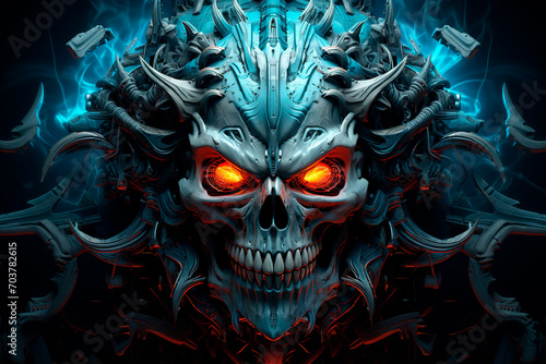 A blue demon skull with glowing eyes. Generative AI © Oleksandr
