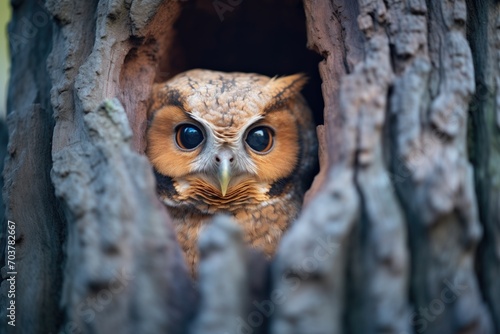 an owl peering out from a tree cavity at dusk photo