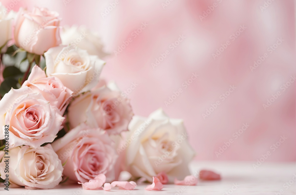 white pink roses on a white marble table for valentine's day or wedding design