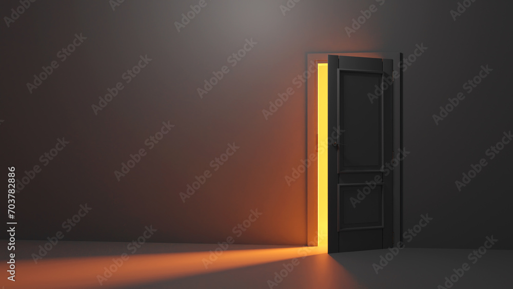 3d render, yellow light going through the open door isolated on Black background. Architectural design element. Modern minimal concept. Opportunity metaphor - obrazy, fototapety, plakaty 