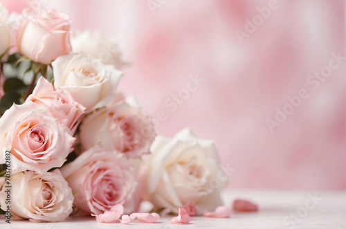 white pink roses on a white marble table for valentine's day or wedding design © Johan Wahyudi