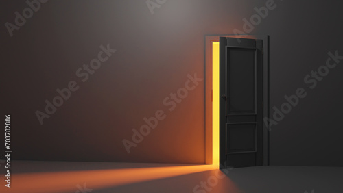 3d render, yellow light going through the open door isolated on Black background. Architectural design element. Modern minimal concept. Opportunity metaphor