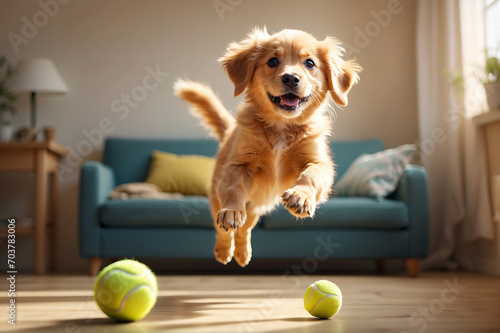 dog playing with ball in a living room