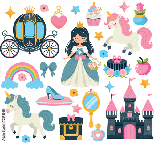 Princess clipart vector set. Castle, carriage and fairytale accessories.Cute fairytale vector graphics.