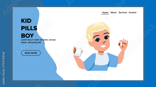 child kid pills boy vector. pill medicine, vitamin safety, happy children child kid pills boy web flat cartoon illustration