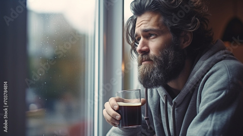Depressed man at home drinking coffee near the window looking outside. photo