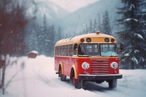 A yellow school bus in the snow rides on a snowy winter road. Safe social assistance for children.