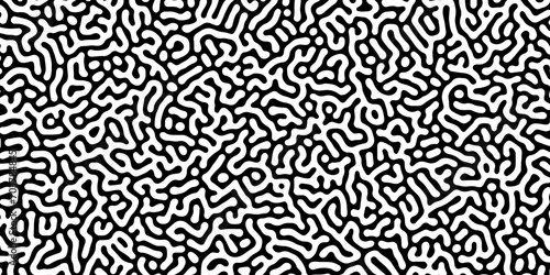 Fototapeta Naklejka Na Ścianę i Meble -  Abstract Turing organic wallpaper with background. Turing reaction diffusion monochrome seamless pattern with chaotic motion. Natural seamless line pattern. Linear design with biological shapes. 