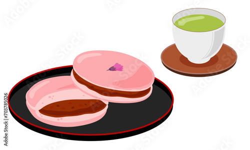 ピンク色の桜どら焼きとお茶