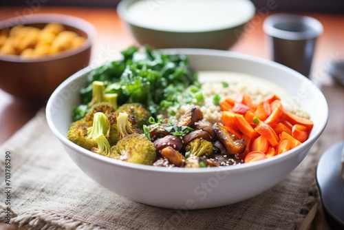 vegan buddha bowl with quinoa, kale, and roasted veggies