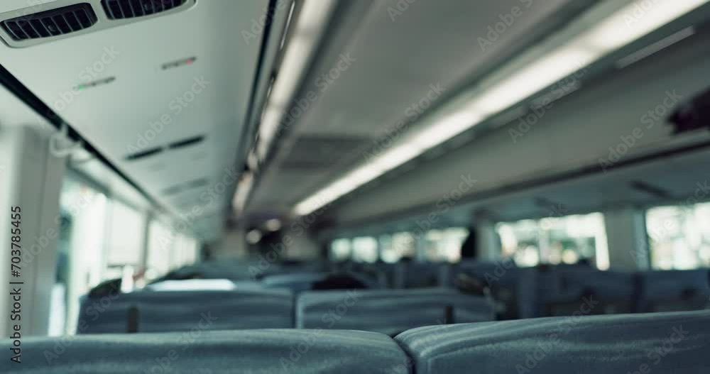 Empty train interior, seats and transport with moving, window and vehicle with public infrastructure. Locomotive, railway travel and chair for passenger commute, services and carriage in Tokyo Empty train interior, seats and transport with moving, window and vehicle with public infrastructure. Locomotive, railway travel and chair for passenger commute, services and carriage in Tokyo