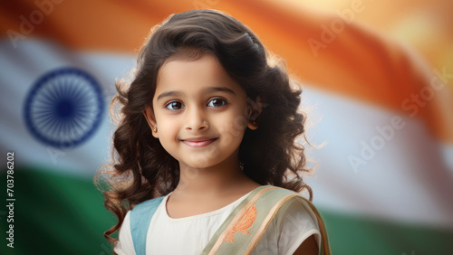 A little girl with curly hair, wearing a pink dress, smiling for the camera and posing in front of an Indian flag. A fictional character created by Generative AI. © Abdul Qaiyoom
