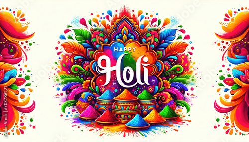 Artistic illustration celebrating the festival of Holi, featuring vivid colors and intricate patterns with a cheerful 'Happy Holi' greeting.