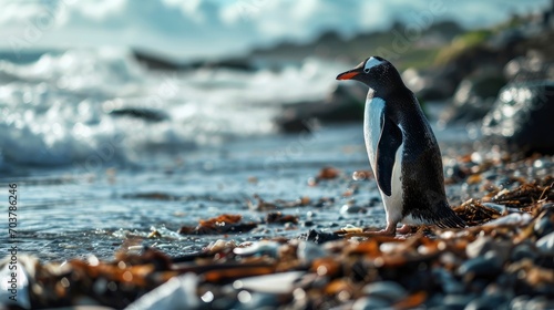 Penguin on the beach with garbage. Pollution of the ocean and coast.