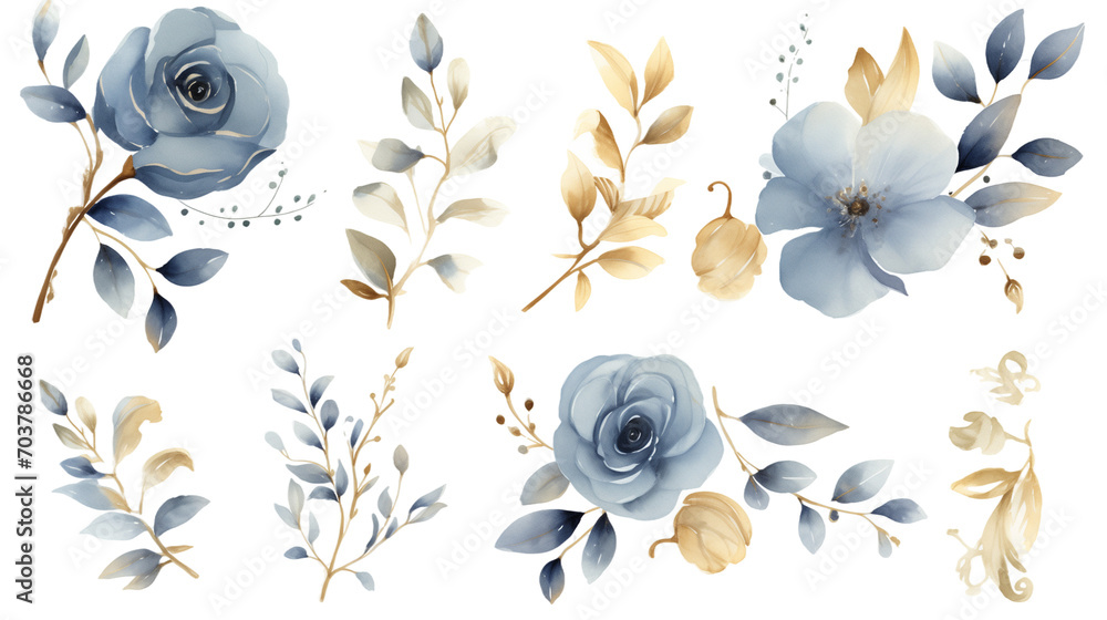 Watercolor design elements dusty blue gold rose flowers