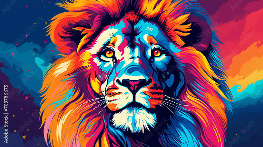Pop Art Majesty: Creative Colorful Lion King Head with Soft Mane