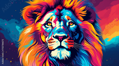 Pop Art Majesty  Creative Colorful Lion King Head with Soft Mane