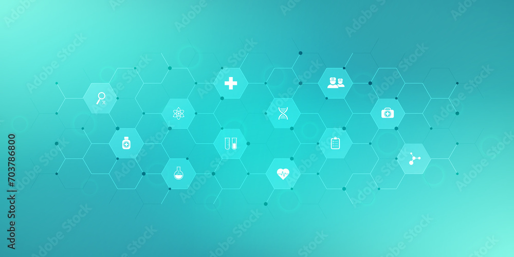 Medical background with flat icons and symbols. Template design with concept and idea for the healthcare technology, innovation medicine, health, science, and research