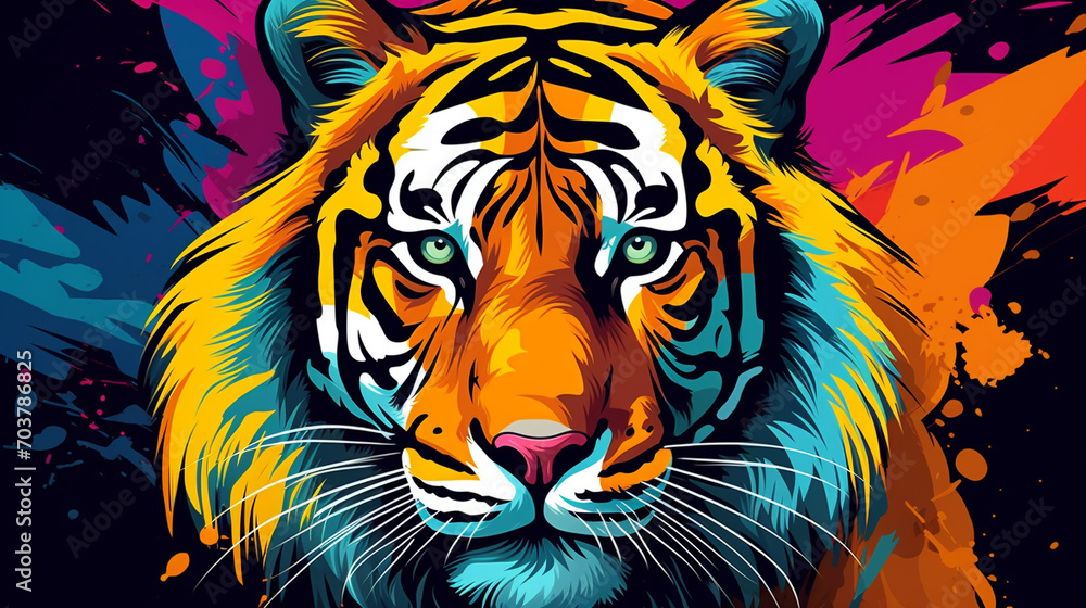 Vivid Feline Majesty: Tiger King in Pop Art Style with Colorful Background