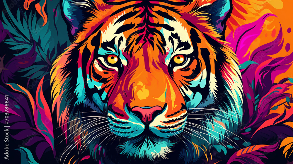 Vivid Feline Majesty: Tiger King in Pop Art Style with Colorful Background
