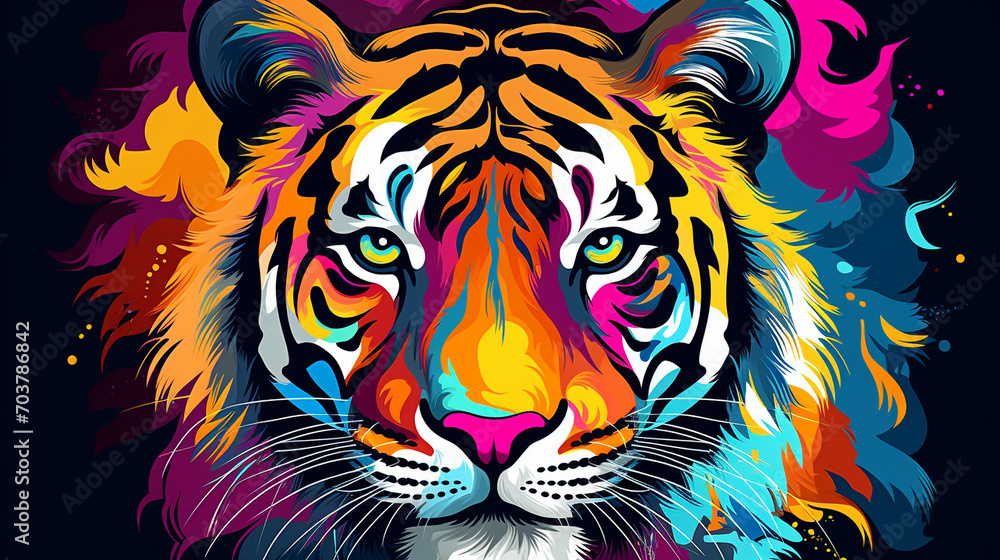 Pop Art Prowess: Creative Colorful Tiger King Head with Soft Mane