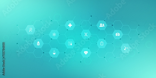 Medical background with flat icons and symbols. Template design with concept and idea for the healthcare technology  innovation medicine  health  science  and research