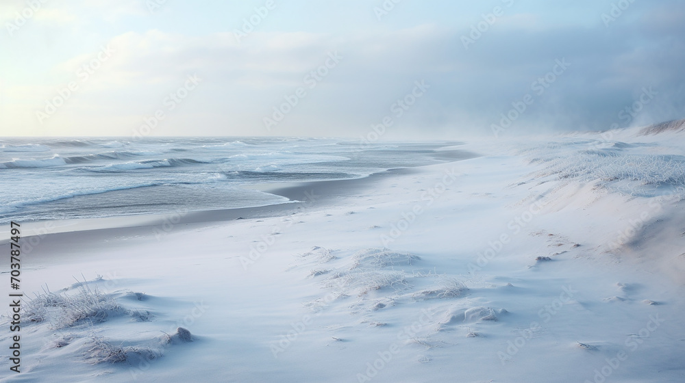 Winter Beach with Frosted Sand. A deserted beach in winter. Winter Beach with Frosted Sand. A deserted beach in winter.