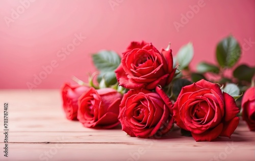 Red rose flowers bouquet on pink background Valentine's day greeting card