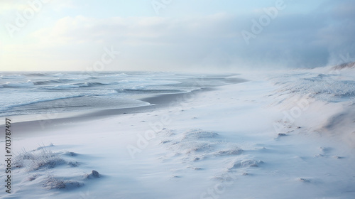 Winter Beach with Frosted Sand. A deserted beach in winter.