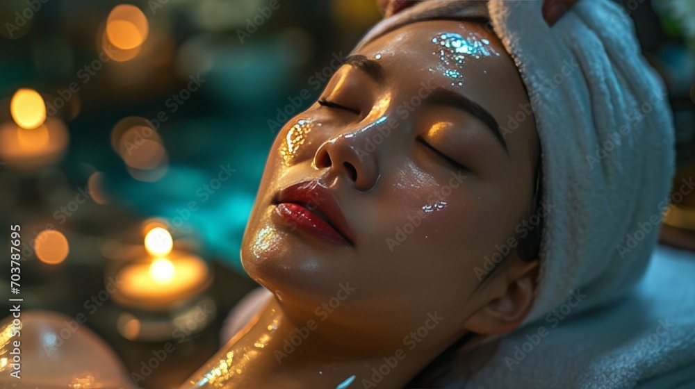 A young woman sleeps, indulging in a facial spa experience with a soothing facial mask. The calm and refreshing atmosphere promotes self-care and relaxation. Taking time for yourself and personal care A young woman sleeps, indulging in a facial spa experience with a soothing facial mask. The calm and refreshing atmosphere promotes self-care and relaxation. Taking time for yourself and personal care