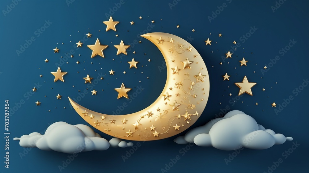 Explore the Mystical Cosmic Beauty of a 3D Style Night Sky with Crescent Moon, Golden Stars, and White Clouds in this Surreal Celestial Fantasy Background. Explore the Mystical Cosmic Beauty of a 3D Style Night Sky with Crescent Moon, Golden Stars, and White Clouds in this Surreal Celestial Fantasy Background.