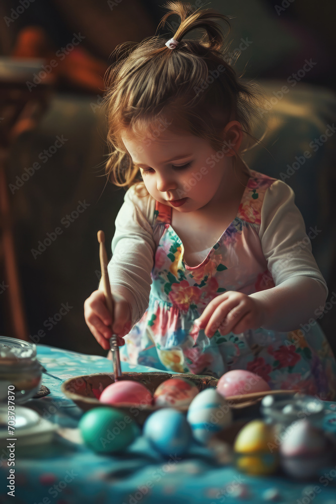 Child in a pastel dress, joyfully painting Easter eggs Child in a pastel dress, joyfully painting Easter eggs