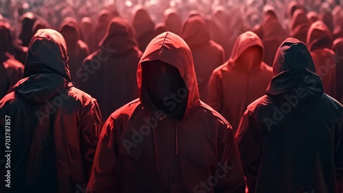 Dark mysterious faceless people wearing red robes in a crowd standing still photo